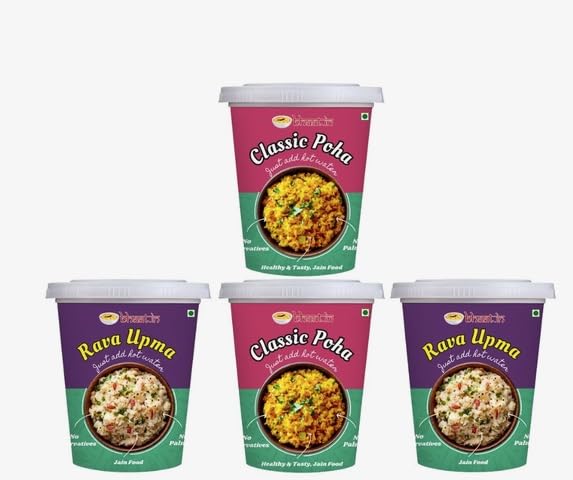 Image of Bhaat.in Instant Breakfast Combo Food | Wholesome Meal in 7 Minutes| Jain Breakfast Pack of 4-Poha | Upma|Dehydrated |Just add hot water|Ready to Eat|Serves 4|no palm oil
