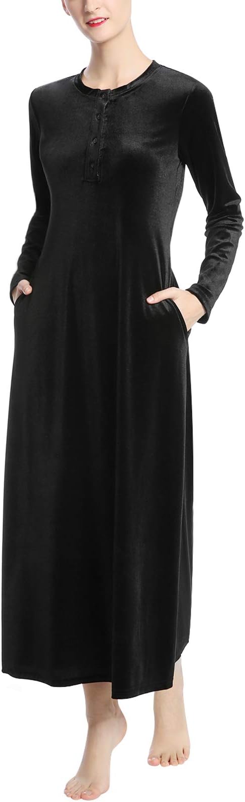 AMONIDA Nightdress Womens Vlvet Sleepwear Long O-Neck Nightgowns Knit Sleepshirts 2XL Black