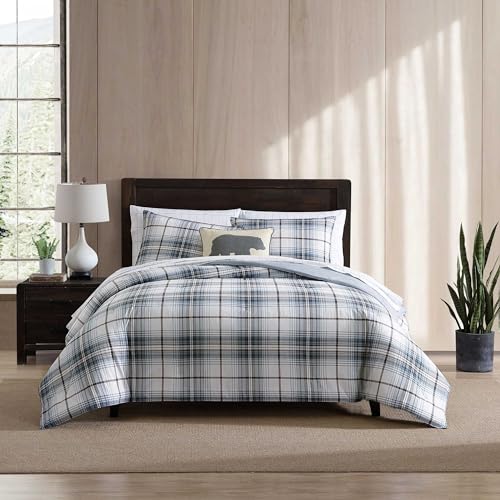 Image of Eddie Bauer - King Comforter Set, Reversible Cotton Bedding with Matching Shams, Plaid Home Decor (Alder Blue /Grey, King)