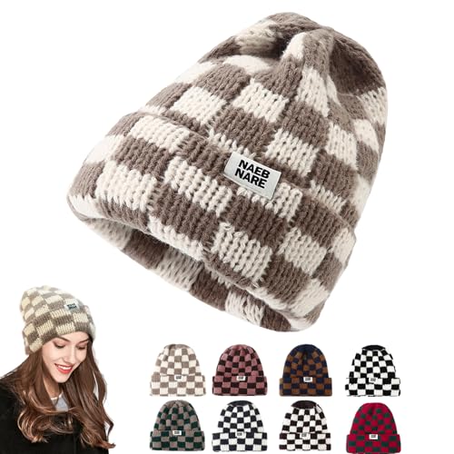 SUNAVY Unisex Mütze Damen Herren Beanie Warm Wintermütze Karierte Mütze Winter Strickmütze Thermo Laufmützen Wintermütze Weich Slouch Kint Hat (DE/NL/SE/PL, Alphanumerisch, Einheitsgröße, M, Beige)