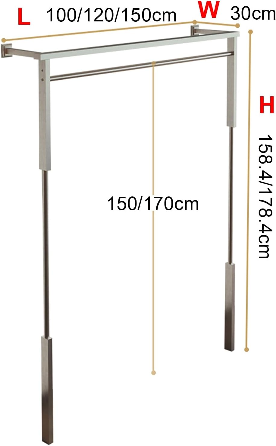 Wall-Mounted Clothing Display Rack Stainless Steel Drying Shelf & Garment Stand with Wooden Shelf for Bedroom Closet and Exhibition Hall (A-120x30x178.4cm)