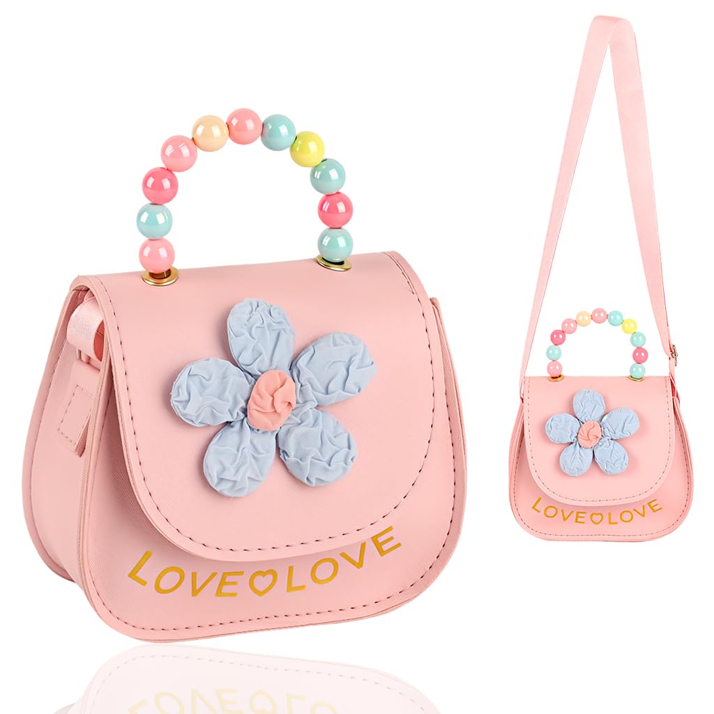 Mini Purse Handbag, Cute Pink PU Flower Crossbody Bag with Colorful Beaded Handle & Removable Shoulder Strap, Small Flower Shoulder Bag Children' s Day Gift for Little Girls, 13 × 12 cm