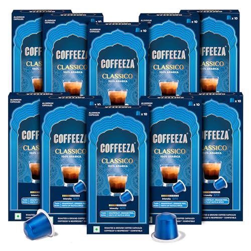 COFFEEZA Classico Aluminium Coffee Capsules, Intensity - 6 |100% Arabica Coffee | Nespresso Compatible Coffee Pods | Box Of 10 (100 Capsules), 1.20 Kg