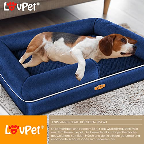 Lovpet® Orthopädisches Hundebett Hundekissen Hundekorb Relax, Inkl. Napf + 3X Kauknochen, Hundesofa für Kleine, Mittelgroße & Große Hunde, Bezug abnehmbar und waschbar, 91x71x22cm Navyblau