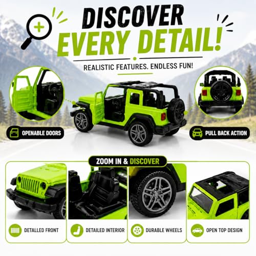 Image of Braintastic Model Diecast Car Toy Vehicle Pull Back Friction with Openable Doors Light & Music Toys for Kids Age 3+ Years (Thar Jeep Small Green)