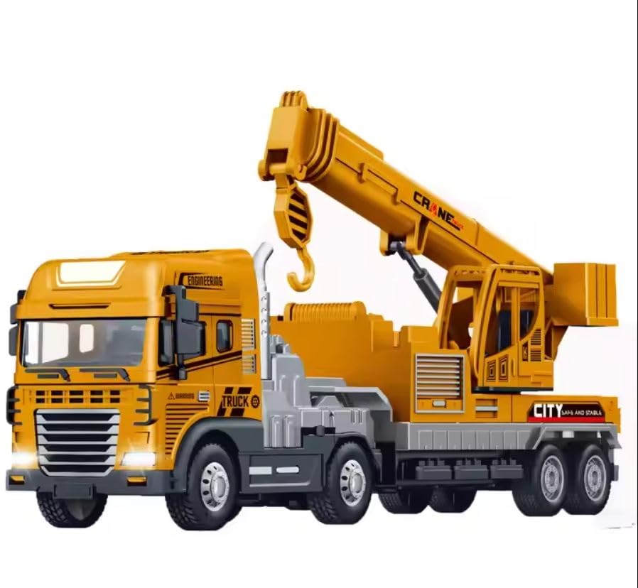 Image of Friction Powered Crane Construction Transport Truck with Lights Sounds Die cast Alloy Model Engineering Crane Toy for Kids Boys Pull Back Vehicles