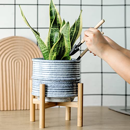 Koov Mid Century Planter, 7 Inch Plant Pot With Stand, Ceramic Planter Pots Indoor, Large Flower Pots Indoor, Ceramic Pots For Plants Indoor With Drainage, Large Plant Pots Indoor, Stripe Series, Blue #TOP3
