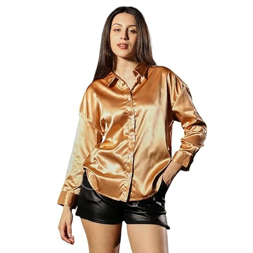 PINACOLADA Solid Satin Oversized Shirt Spread Collar, Long Button-Cuff Sleeves, Button Closure Solid Plain Wov