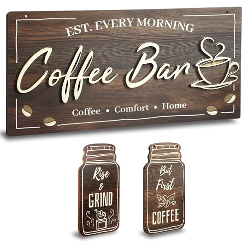 3 Piece Coffee Bar Decor Signs, Rustic Farmhouse Kitchen Wall Art with 3D Layered Wood Design, Themed Set for Coffee Station Accessories & Nook Decoration