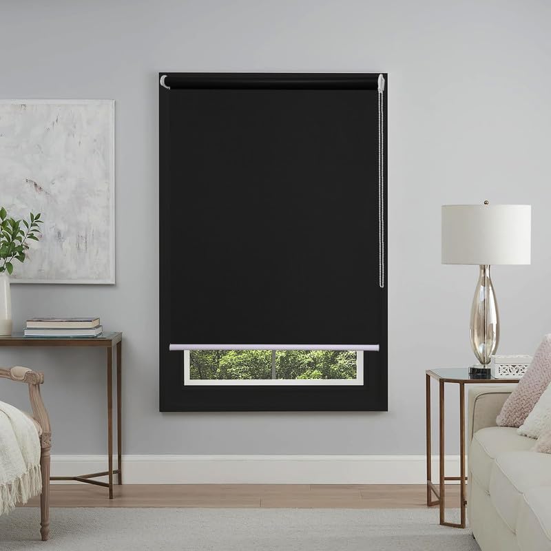 Image of Roller Blinds 300 GSM Polyester Fabric Waterproof & Sun Blockage Corded Roll Up and Down Blinds Curtains for Window, Door, Balcony (Black Color 2.5 X 12 Feet, Pack of 1 Piece)