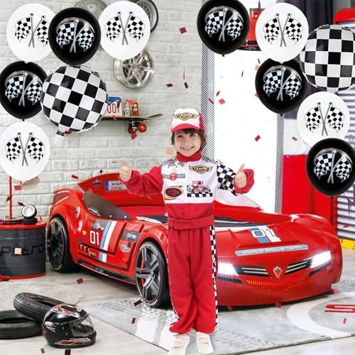 Image of 12 Pcs Race Car Themed Balloons Sets Checkered Flag Latex Balloons for Kids Boy Girl Racing Car Fast One Birthday Party Decorations