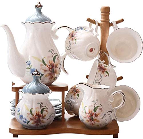 Teapots Porcelain tea sets for Women's Tea Party Service for eight coffee sets with saucers Cups Teapot Tea Tray Sugar Bowl Creamer Storage Rack (Blue)