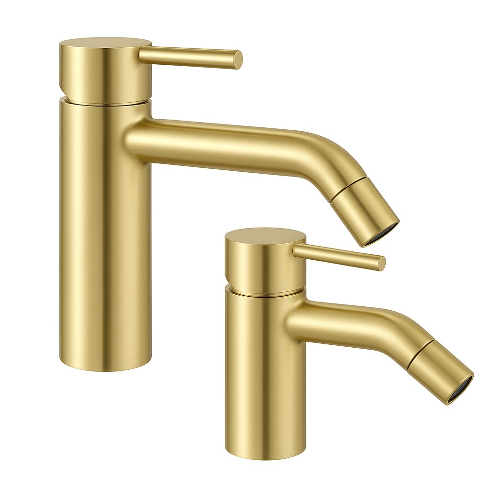 BASIK Set Miscelatori Bagno Oro Spazzolato – Rubinetto Lavabo + Miscelatore Bidet in Ottone, Design Moderno