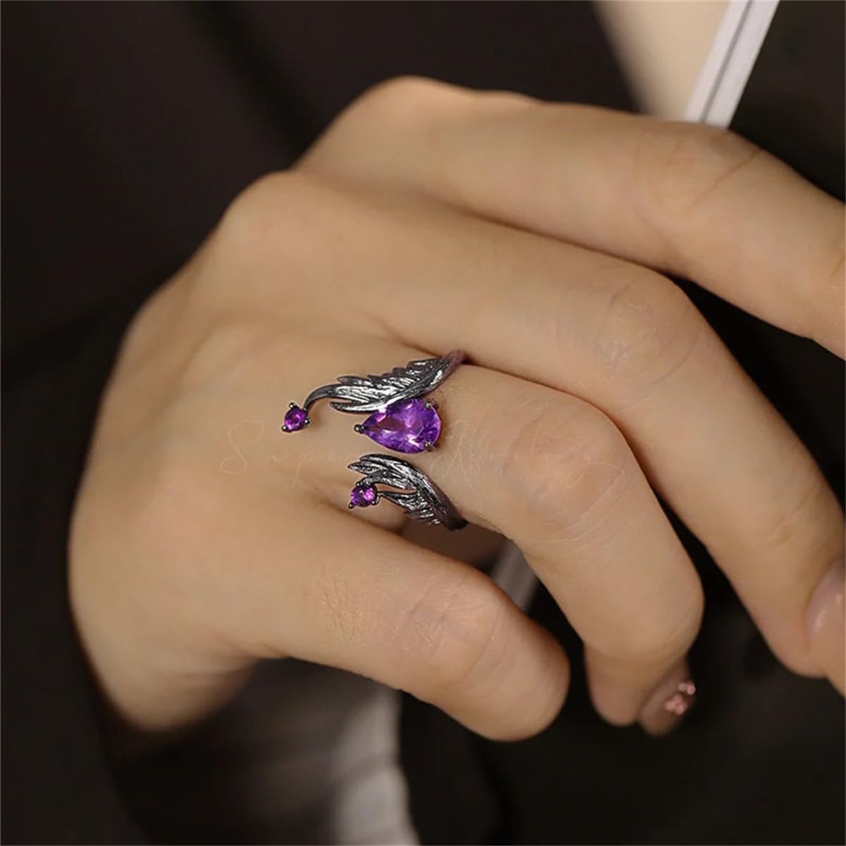 Punk Amethyst Teardrop Open Ring for Women Unisex Fashion Purple Crystal Black Fire Band Wrap Finger Rings Adjustable Comfort Fit Gothic Holiday Halloween Jewelry - Image 2