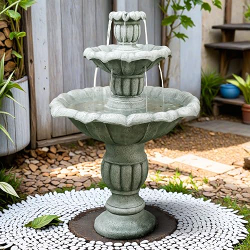 Image of SunJet 39.3 inch High Modern Concrete Outdoor Water Fountain - 3 Tiered Large Floor Water Fountain and Waterfalls with Electric Pump for Garden, Patio, Yard, and Deck Decor, Featuring Natural Stone Look