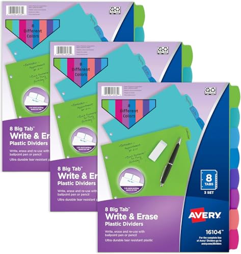 Intercalaires en plastique Avery 8 onglets pastel pour classeur 3 anneaux x3