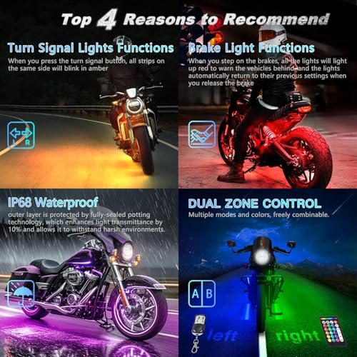Image of 24PCS Motorcycle RGB LED Lights Kit with Brake Turn Signal, Motorcycle Underglow Lights with APP /RF Remote, Multicolor Dual Zone Neon Accent Waterproof 12V for Touring, Trike & Custom Show Motorcycle