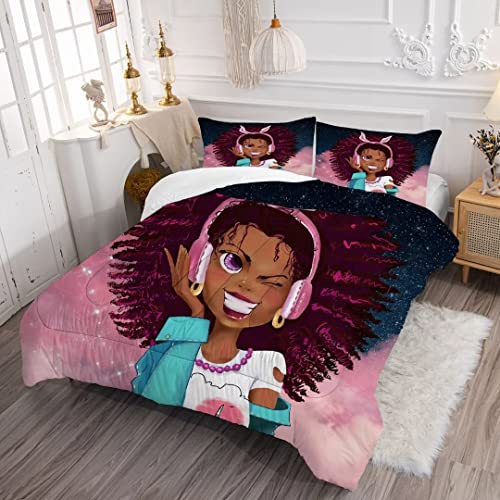 Kxry Galaxy Black Girl Comforter Set Queen Size For Women African American Girl Love Music Bedding Cute Girl Wink Blue Quilt 1 Comforter + 2 Pillow Cases #TOP2