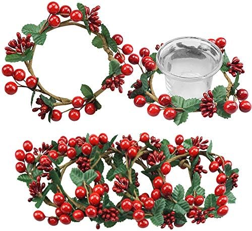 Grenerics 6 PCS Red Berries Candle Rings Artificial Holly Leaves Berry Stamens Wreath of Votives Candle Holders Decor for Christmas Ornaments by Baryuefull