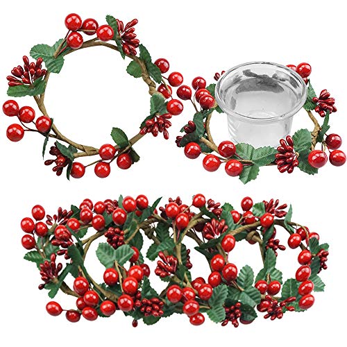 Grenerics 6 Pcs Red Berries Candle Rings Artificial Holly Leaves Berry Stamens Wreath Of Votives Candle Holders Decor For Christmas Ornaments By Baryuefull #TOP3