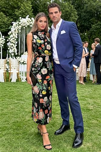 Image of Women's Satin Maxi Dress Summer Formal Wedding Guest Cocktail Dress | Mock Neck Sleeveless,Elegant Silk Midi Long Dress,High Neck,Halter,Aline,Bridesmaid,Bridal Shower Guest,Garden Party,Dinner