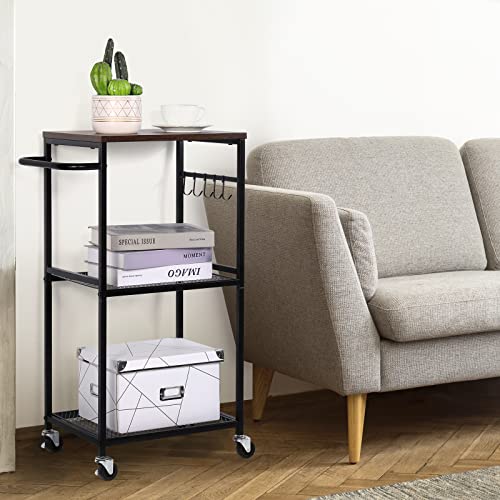 Nananardoso Kitchen Cart On Wheels, 3 Tier Mesh Utility Storage Cart, Wood Look Top And Metal Frame Rolling Pantry Cart For Kitchen, Living Room, Laundry Storage, Rustic Brown. #TOP6
