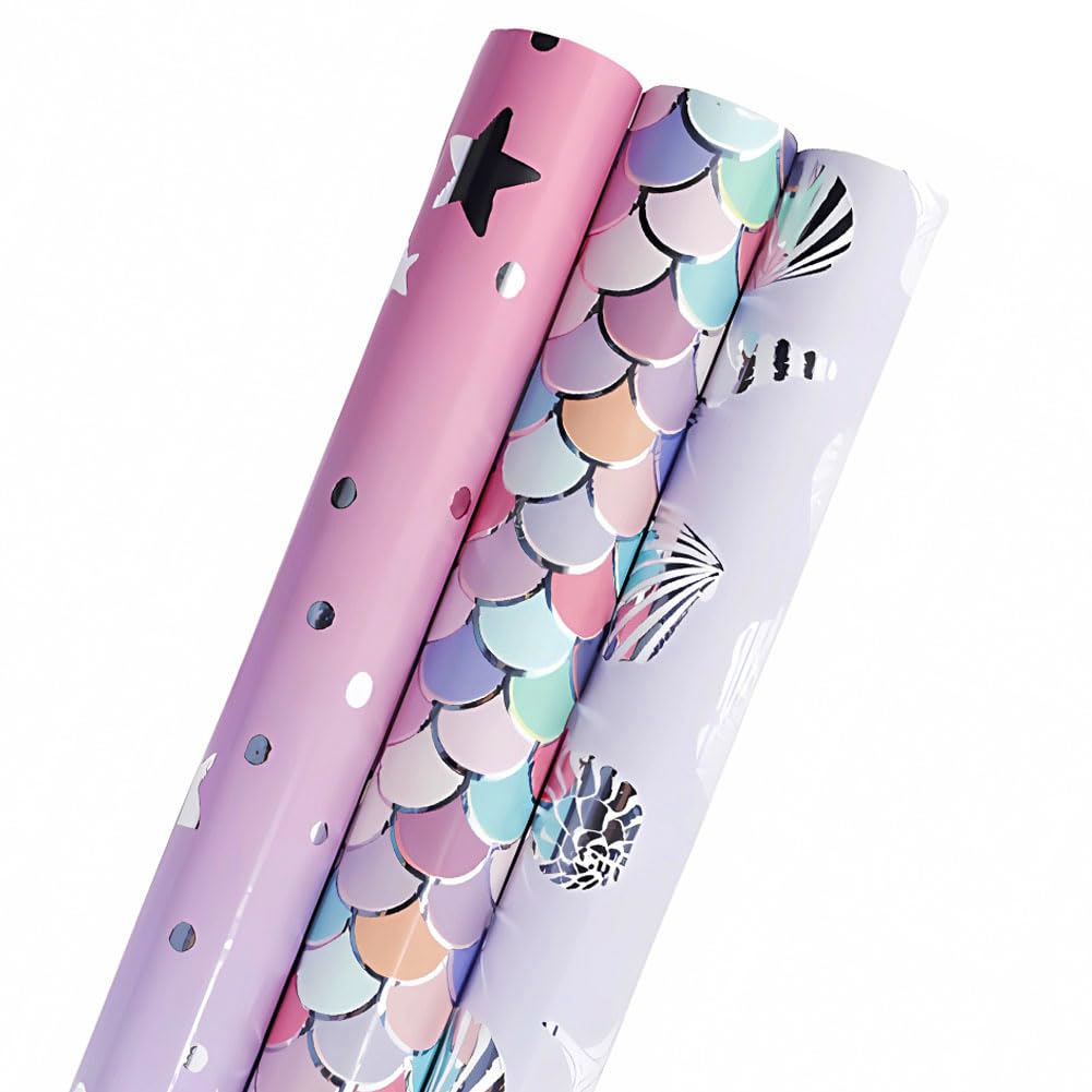 Set of 3 Mermaid Wrapping Paper Roll (43cm x 3M), Girls Happy Birthday Gifts Wrapping Paper Rolls, Present Gift Wrap for Valentines, Party or Wedding Gift, Festival, Baby Shower, Easter, Flower Craft