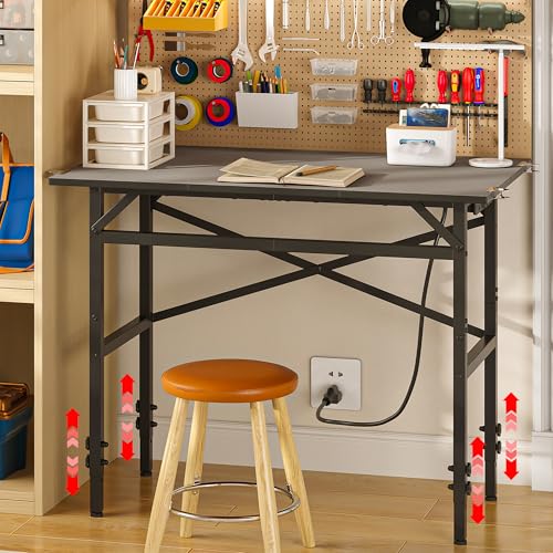 Small Workbench, 1000 Lbs Metal Work Benches for Garage, 38.58' Adjustable Work Table with Power Strip Sewing Table Workshop Home DIY