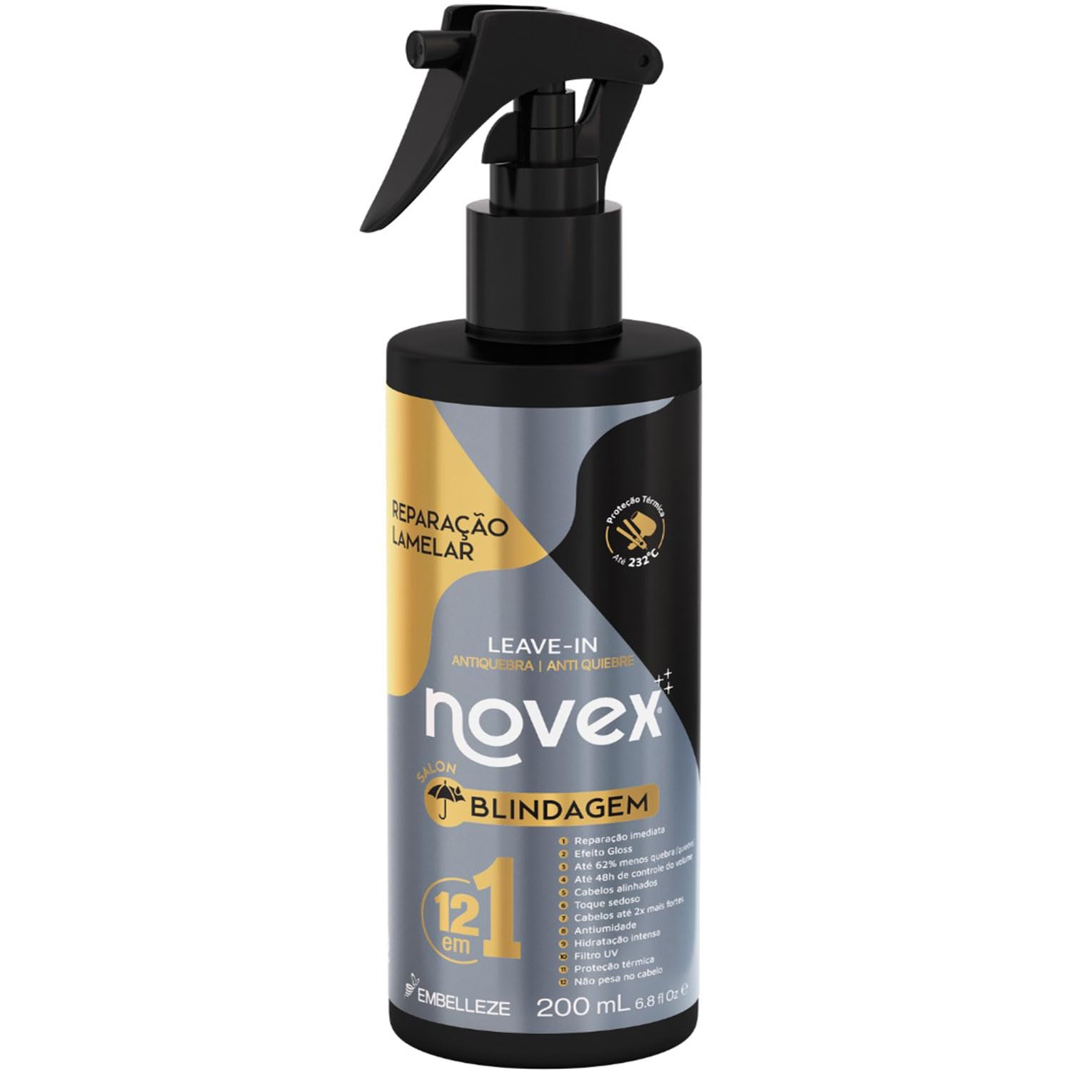 NOVEX Blindagem Heat Protection Spray For Hair, Thermal Protector Leave In Conditioner, Hair Straightener, Anti Frizz Shine Treatment 7 Oz