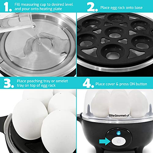 Elite Gourmet Egc-007B Rapid Egg Cooker, 7 Easy-To-Peel, Hard, Medium, Soft Boiled Eggs, Poacher, Omelet Maker, Auto Shut-Off, Alarm, 16-Recipe Booklet, Black #TOP3