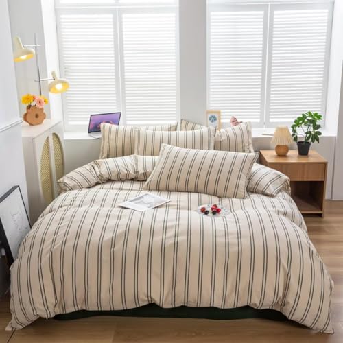 Mucalis Beige Duvet Cover Queen Size with Green Striped 100% Washed Cotton Duvet Cover Set Full Modern 3 Piece Stripe Pattern Bedding Set with Zipper Closure Corner Ties,Durable,Breathable,Easy Care