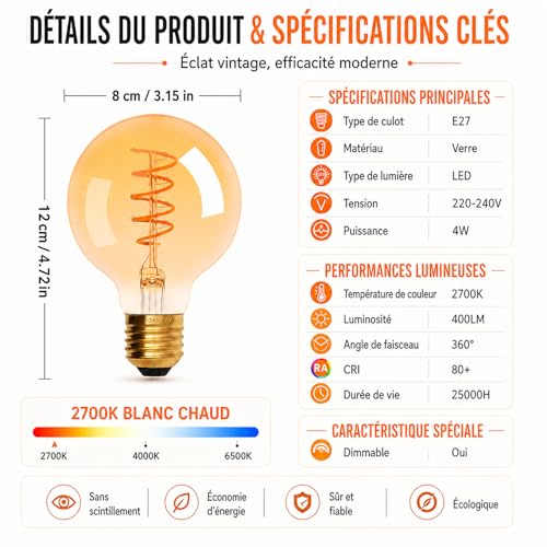 Ampoule Edison dimmable G80 à filament spiralé pour un éclairage ajustable - 2