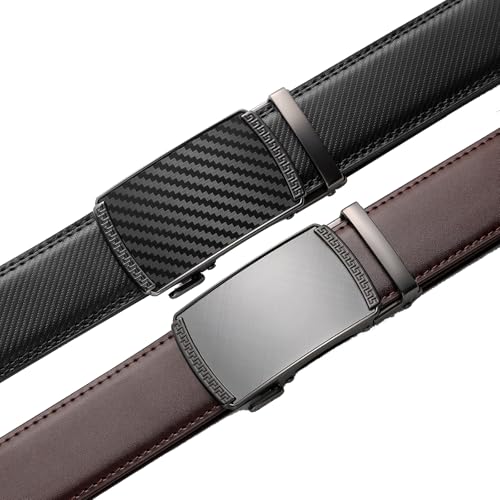 Image of Founders & C Mens Belt 2 Pack,Leather Ratchet Click Belt Dress with Slide Buckle 1 3 /8 inch in Gift Set Box- Size Adjustable