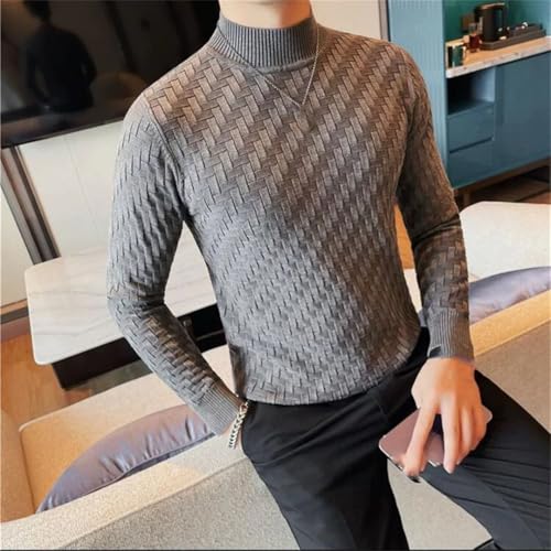 Men's Half High Collar Textured Woven Sweater Long Sleeve Slim Fit Knitted Pullover Cable Knit3