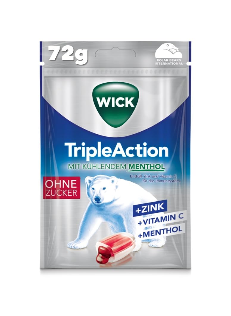 WICK Triple Action mit Menthol ohne Zucker – Gefüllt mit Johannisbeersaftkonzentrat und kühlendem Menthol – Mit Zink und Vitamin C – 1er Pack (1 x 72 g)
