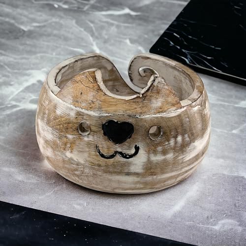 Image of Wooden Yarn Bowl for Crocheting Handmade Wool Storage Yarn Bowl with Holes Knitting Gifts for Women Crochet Accessories (5 inch x 3 inch - White)