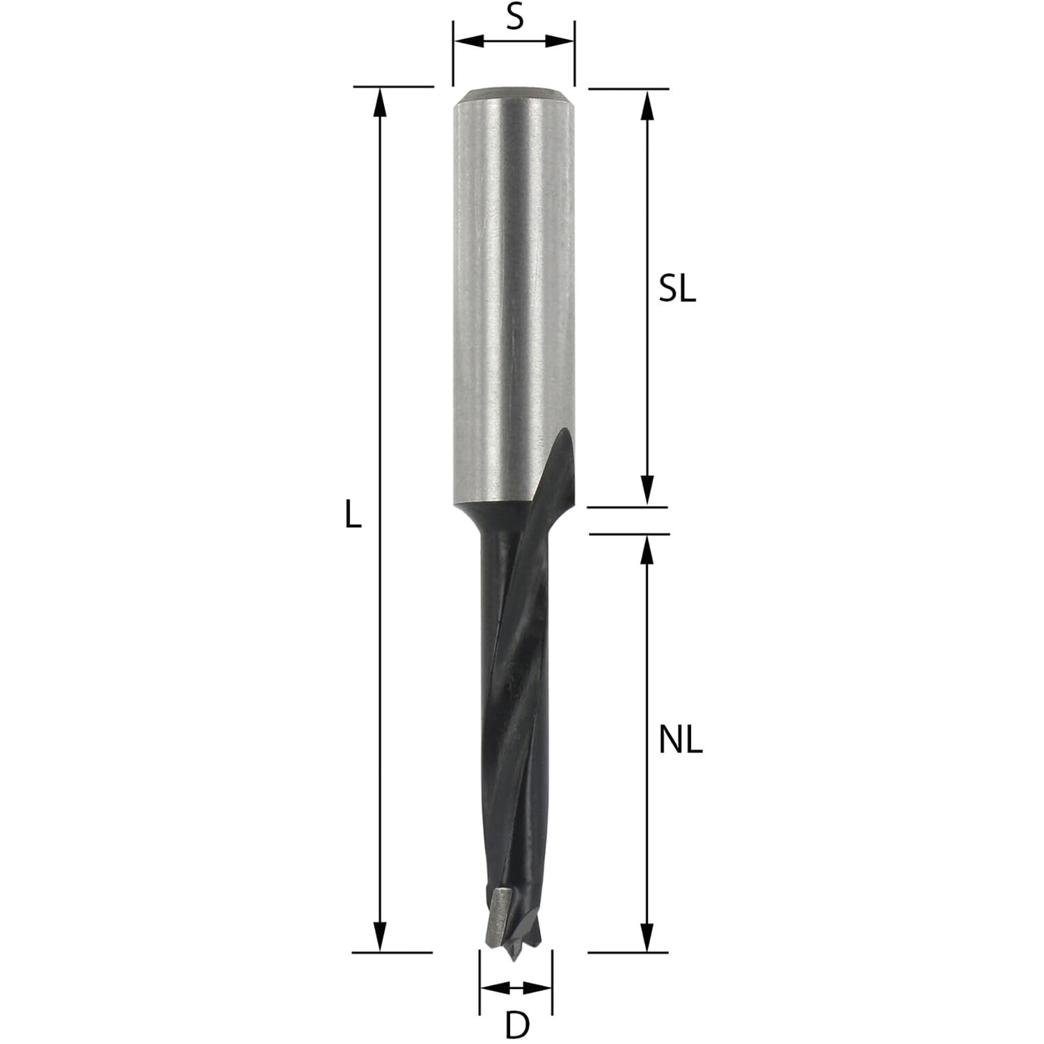 ENT 24000 Foret pour chevilles, queue (S) 8 mm, diamètre (D) 5 mm, NL 30 mm, SL 27 mm, L 57 mm, en métal dur, spécial pour les Défonceuses