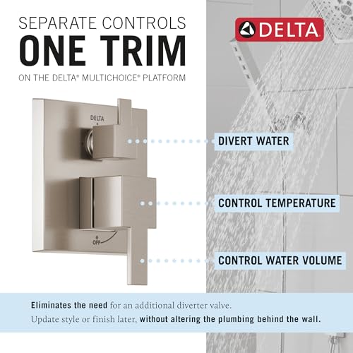 Image of Delta Modern 14 Series Square Rain Shower System Faucet Set, Rainfall Brushed Nickel Shower Head and Handle Set, Valve Trim Kit, 10 Inch, Spotshield Stainless T342701-SP (Valve Not Included)
