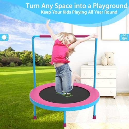 3FT Foldable Kids Trampoline, 36'' Indoor & Outdoor Mini Trampoline for Toddlers, Max Capacity 220 LBS, Adjustable Handlebar, Quiet & Safe Design