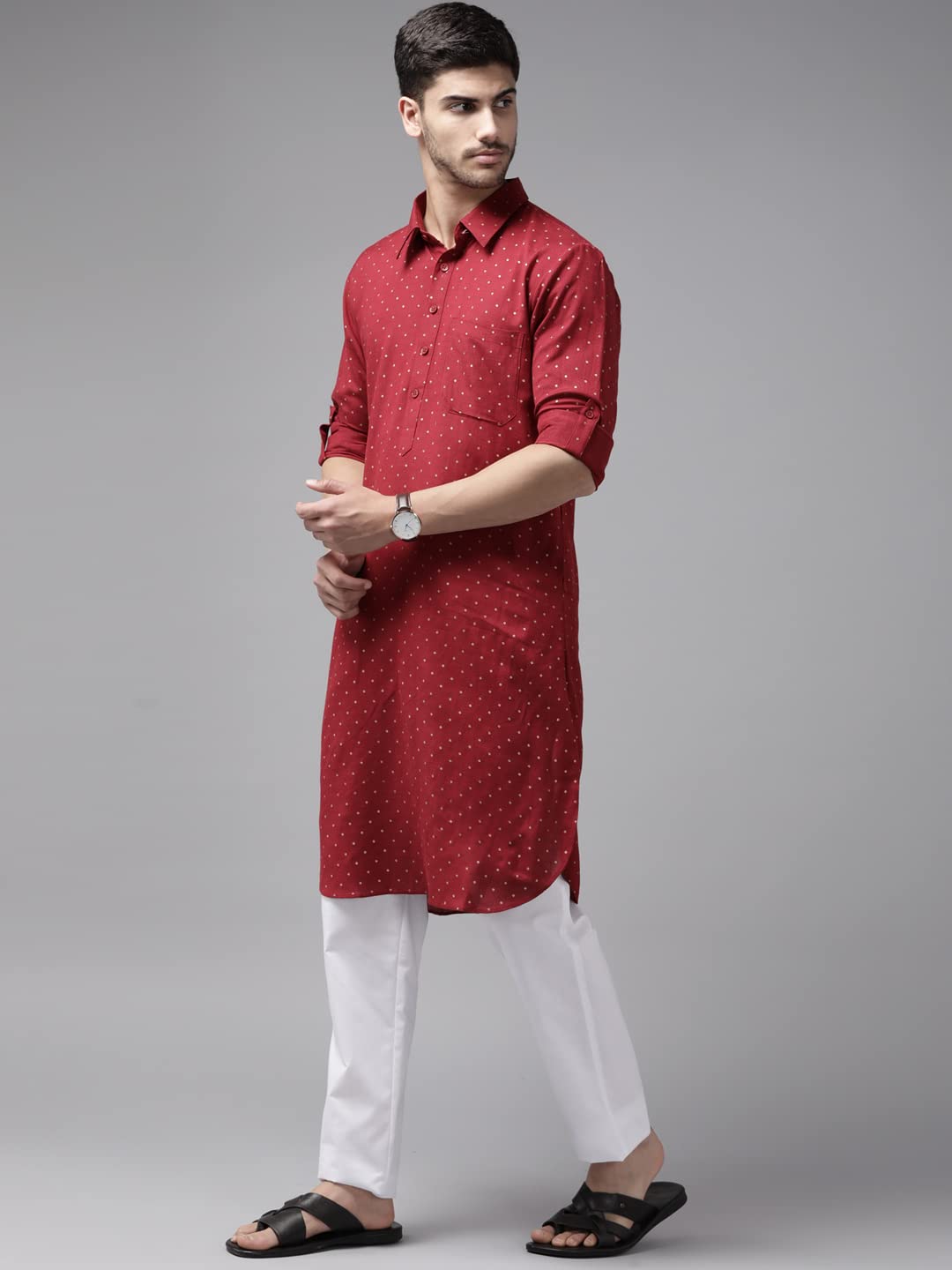 See Designs Men's Maroon Regular Pure Cotton Pathani Printed Men's Kurta - Sdpkt_1141S