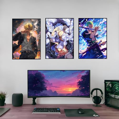 Image of (Aniculture) One Piece Anime Posters, Pack of 3, A4 Size (21x30cm), 300 GSM, Adhesive Back, Wrinkle-Free, Luffy, Zoro, Sanji
