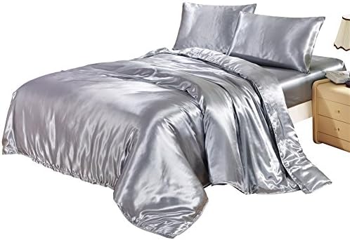 DREFEEL Hotel Quality Solid Grey Duvet Cover Set Queen/Full Size Silk Like Satin Bedding with Hidden Zipper Ties Soft Breathable Stain Resistant Quilt/Comforter Cover Set