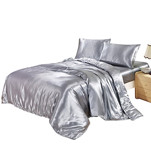 Drefeel Hotel Quality Solid Grey Duvet Cover Set Queen/Full Size Silk Like Satin Bedding With Hidden Zipper Ties Soft Breathable Stain Resistant Quilt/Comforter Cover Set #TOP1