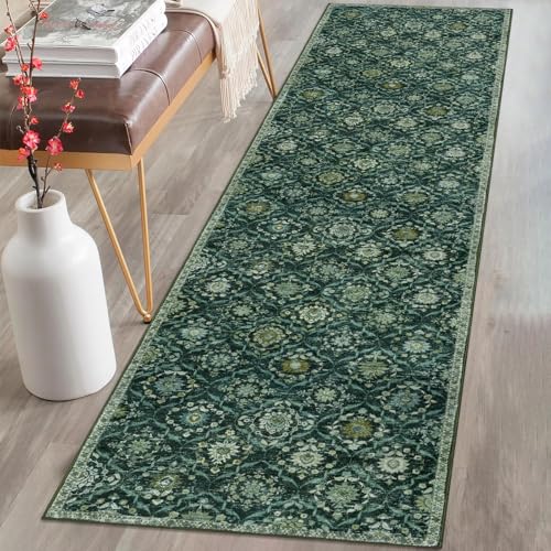 KILOCOCO 2x8 Runner Rug, Moroccan Super Soft Washable Hallway Entryway Runner Rug, Accent Print Faux Wool Kitchen Runner Rug 8 Feet Non-Slip Boho Rug Runner for Laundry Room Bedroom, Dark Green