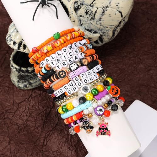 32pcs Halloween Bracelets Set Preppy Clay Stretch Charm Beads Stackable Bracelet Surfer Ghost Pumpkin Skull Spider Boo for Women Accessories Party Jewelry2