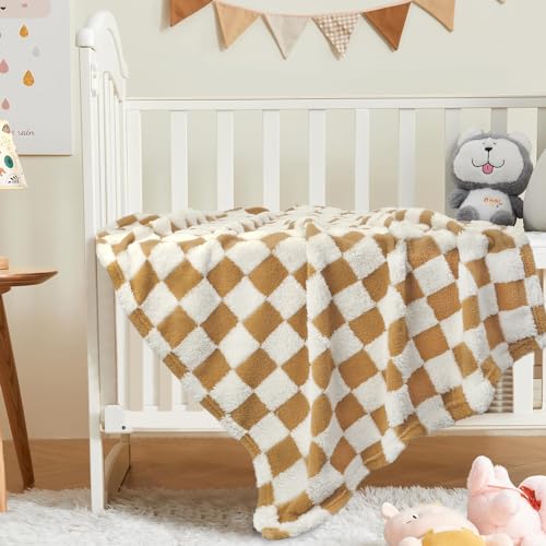 Image of HOMRITAR Khaki Checkerboard Baby Blanket for Boys Girls Fluffy Fleece