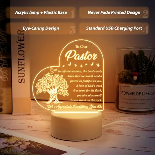 Image of Pastor Appreciation Gifts - Engraved Acrylic Night Light, Pastor Gifts for Women, Anniversary, Religious Christian Gifts, Christmas Gifts for Pastor, Thank You Present Tabletop Gift