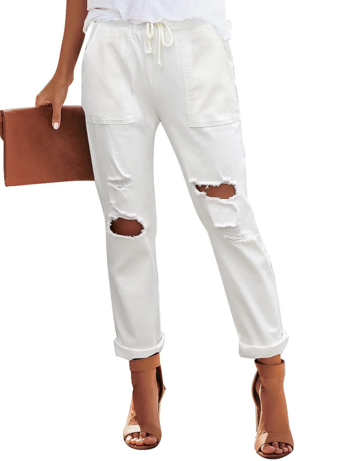 Alaster Queen Jeans Casual da Donna Jeans a Vita Alta Jeans Sciolti Jeans Strappati da Donna Bianco XXL