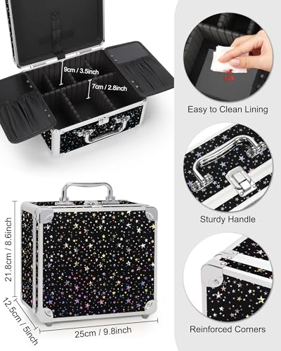 Image of Relavel Makeup Bag with LED Mirror, Makeup Box Travel Train Case with Rechargeable Lighted Mirror, Cosmetic Brush Organizer Storage for Makeup Artists Gifts for Women and Girls (Black Star, Small)