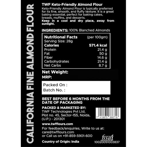 Image of TWF 100% Blanched Almond Flour - Keto-Friendly, Gluten-Free, High Protein, Antioxidant-Rich, and Vitamin-Packed for Baking Cakes, Breads & Rotis (200g)